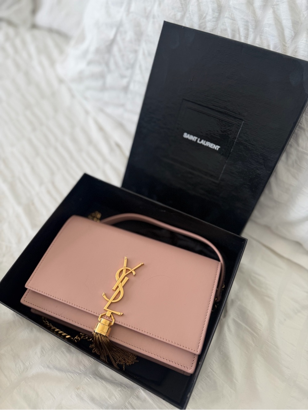 Saint Laurent Blush Pink Leather Shoulder Bag with Gold YSL Tassel